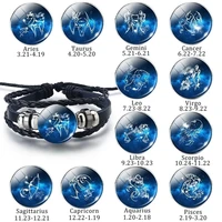 fashion 12 zodiac signs bracelets constellation glass dome black leather bracelets men birthday gifts for friends dropshipping