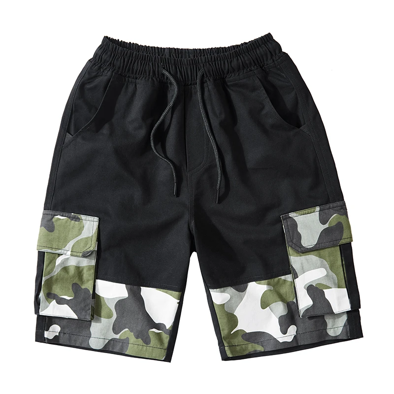 Мужские шорты в стиле пэчворк черные удобные повседневные с эластичным поясом и