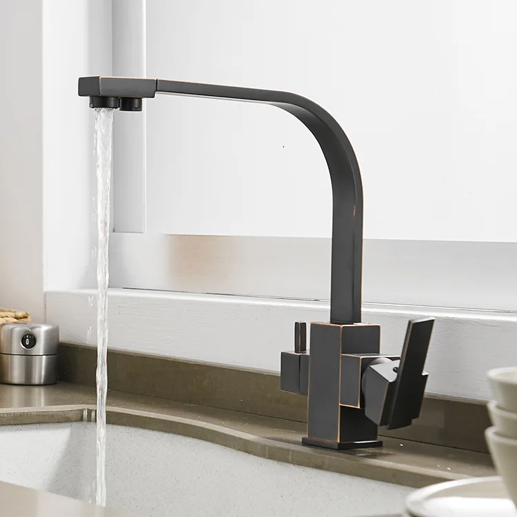 

Kitchen Faucet Brass Black/Oil Brushed Black Double Use Hot/Cold 360 Rotation Sink Mixer With Direct Drinking Taps Deck Mounted
