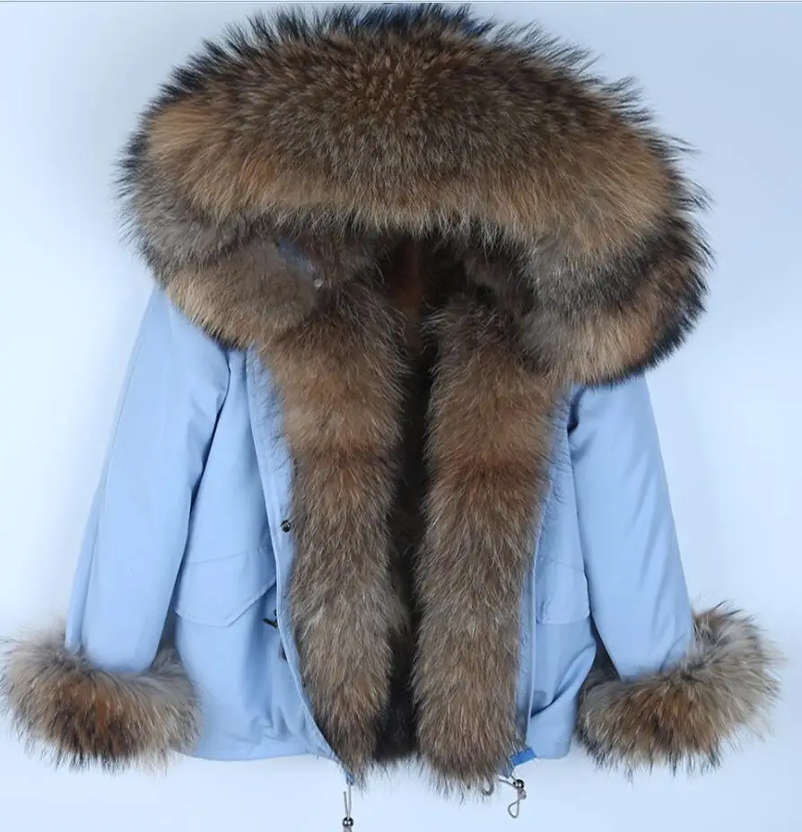 Sky blue coat Пальто с натуральным мехом, зимняя куртка, женская короткая парка, водонепроницаемая, большая, с натуральным мехом енота, с воротником, с капюшоном, толстая, теплая, с натуральным лисьим мехом, подкладка - Цвет: Sky blue coat