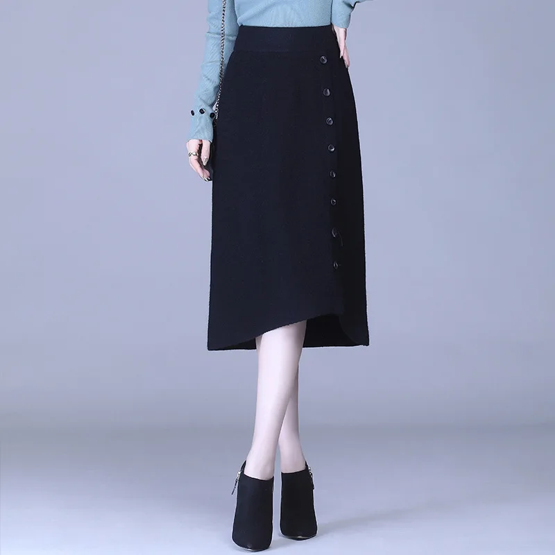 

Женская трикотажная длинная юбка трапециевидной формы, необычная черная эластичная трапециевидная юбка с высокой талией для осени и зимы