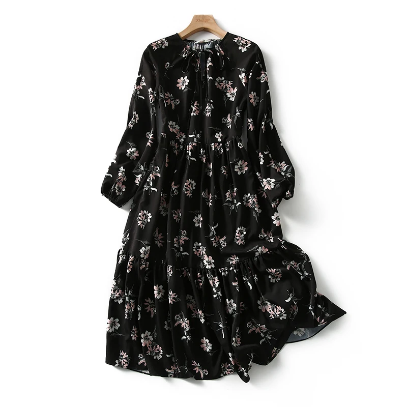 

Spring Korean Long Sleeve Black Floral Women's Dress Elegant Printed Clothes Female 2021 Chiffon Fashion O-neck Dresses