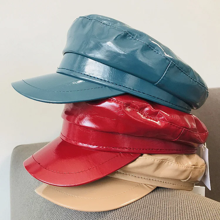 

202108-lulu new spring color pu Mirror Patent faux leather leisure lady Octagonal hat men women visors cap
