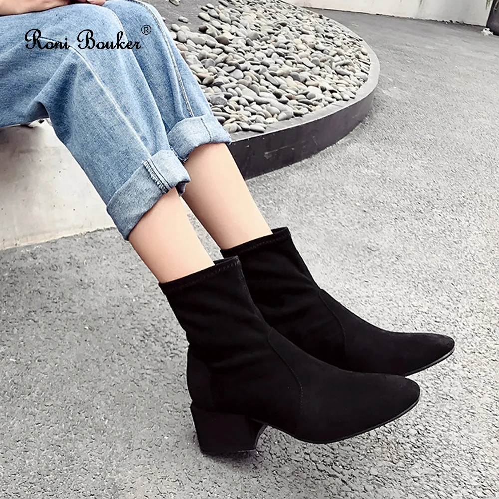 Ботильоны женские из искусственной замши без застежки на низком массивном