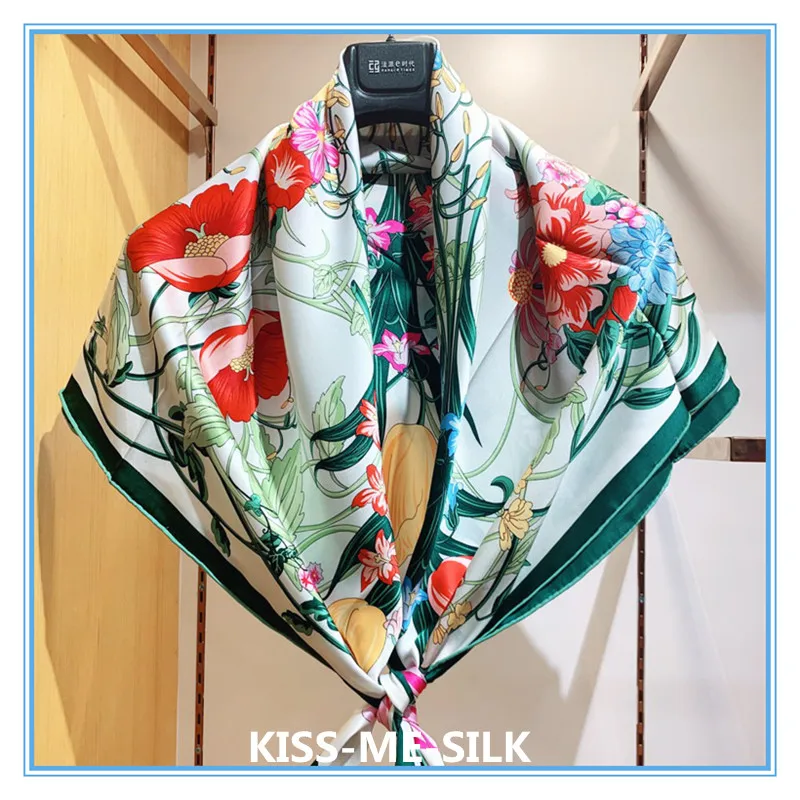 

KMS Classic Flowers mulberry-silk 16 mmi silk satin hand-rolled silk scarf shawl for Girl Lady Women 105*105cm/85g