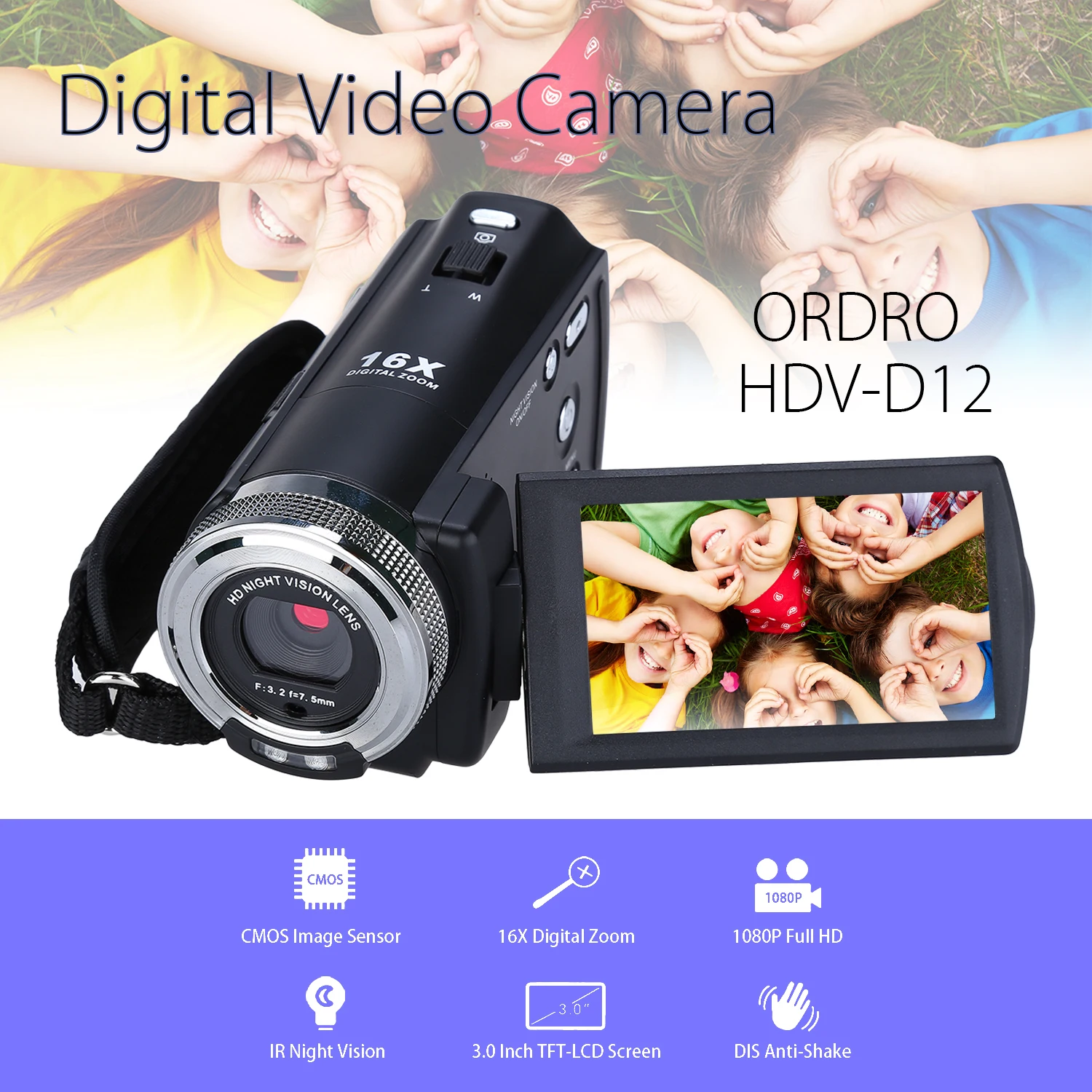 ORDRO HDV-V12 3," lcd 1080P FHD цифровая камера видеокамера 16x Zoom DVR IR ночное видение CMOS сенсор Микрофон