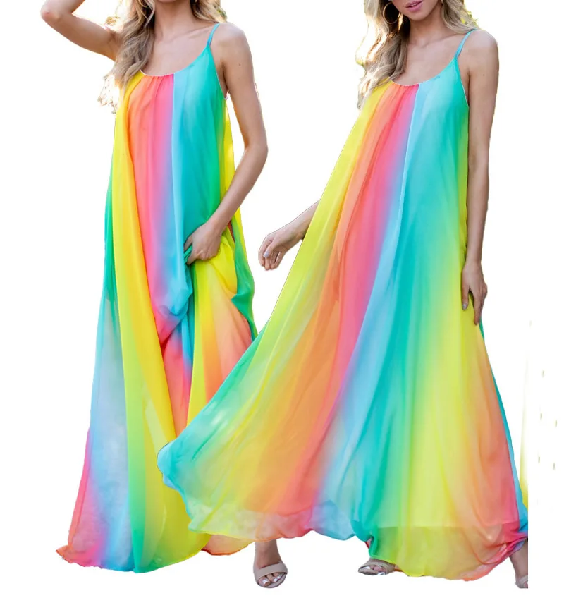 

Women Summer Fashion Dress Sleeveless Long Maxi Dress Loose Striped Print Bandage Beach Party Dresses Colorful Sundress