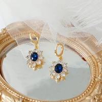 korean vintage luxe style wedding bridal decorative blue crystal stud earrings