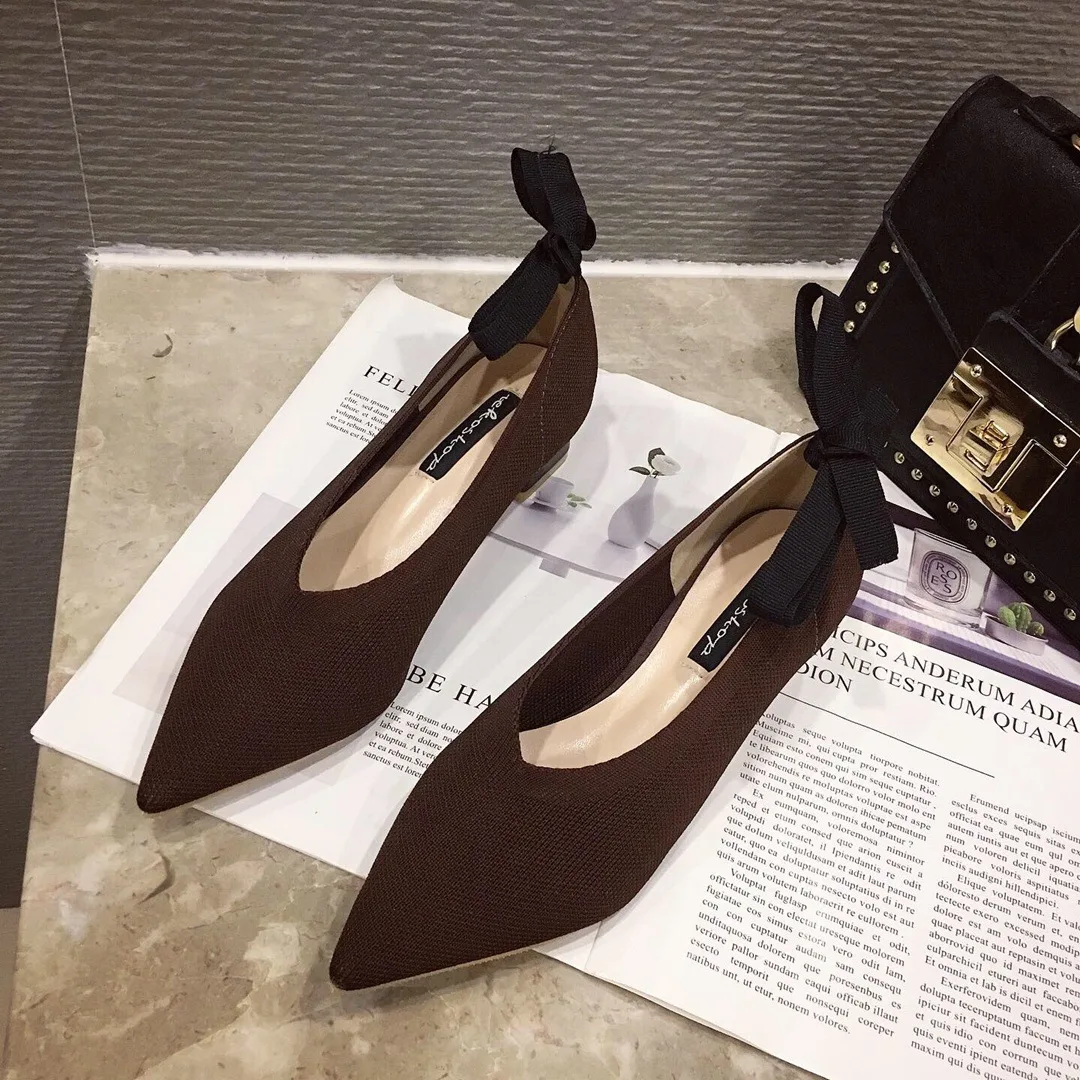 Туфли-лодочки с сетчатым бантом на низком каблуке однотонная обувь коллекция 2019