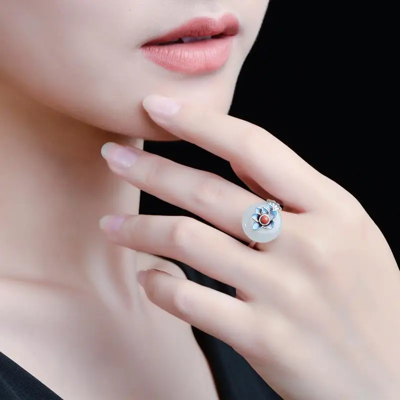 

Very Thai Style 925 Silver Ring Female Hetian Jade Cloisonne Joint Fashion Adjustable Personalized Ring