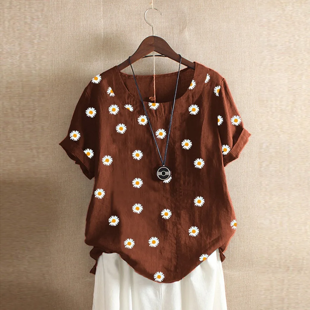 

2020 New Fashion Women Casual Boho Floral Print Loose T-Shirt Short Sleeve Shirt Round Neck Top Women Shirt