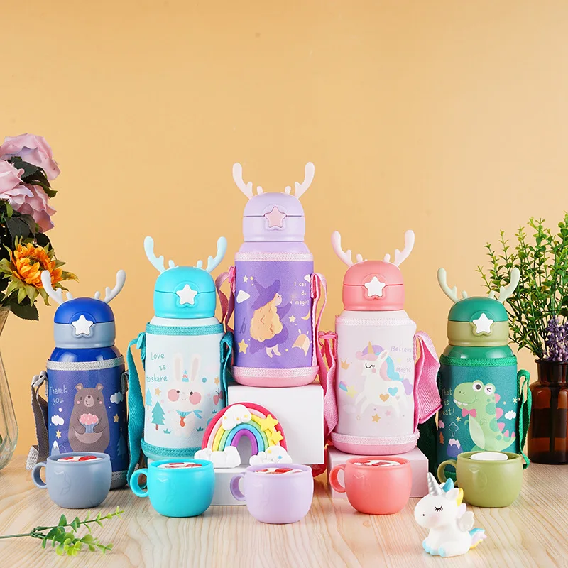 

Cartoon Kids Thermos Water Bottle With Straw and Straps Antler Lid Insulated Pot For Chrild Gifts Creativity Drinking Cup
