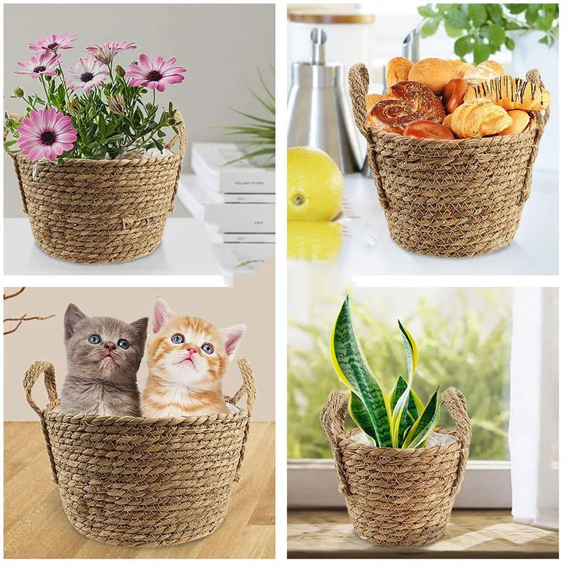 

Pot Plant Basket Desktop Storage Basket Straw Wicker Rattan Garden Flower Plant Pot with Handle Food Snacks Kitchen Organizer