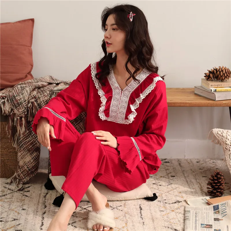 

Sweet Princess Style Pajamas Women's Life Year Red Spring Autumn Long Sleeve Cotton Women's Home Suit Female Pyjamas Sleep Tops