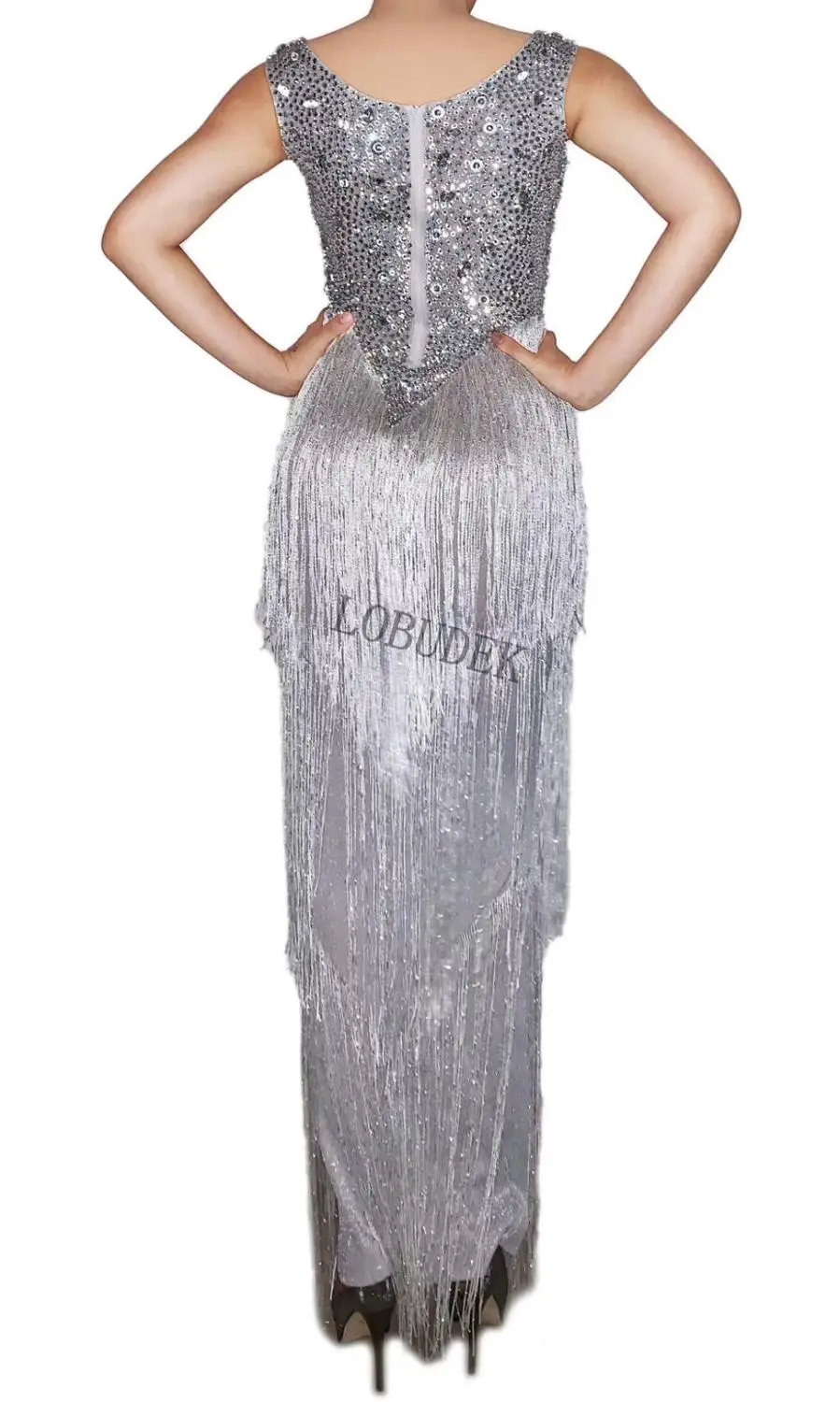 

Sexy Mesh Perspective Silver Rhinestones Long Tassels Dress Women Birthday Prom Evening Party Crystals Fringe Dresses For Singer