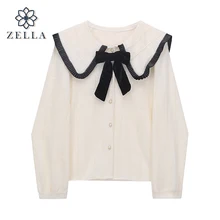 2022 New Bow Shirt Women Fashion Vintage Blouses Sweet Peter Pan Collar Loose Casual Long Sleeve Fem