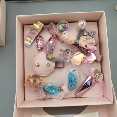 Rabbit Pink 10 шт./кор. головные уборы для девушек набор бант Корона кружева заколки для волос кролик Лебедь заколки для волос с фигурками животных Детские аксессуары для волос подарок в коробке - Цвет: Rabbit Pink