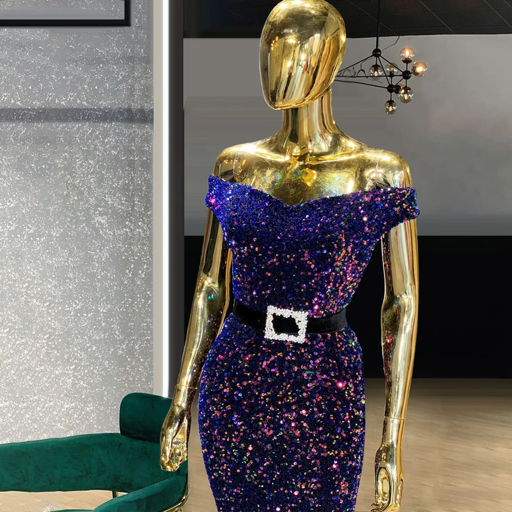 

Sequin Purple Mermaid Off-The-Shoulder robe de soire de mariage Slim Sleeveless Prom Dresses