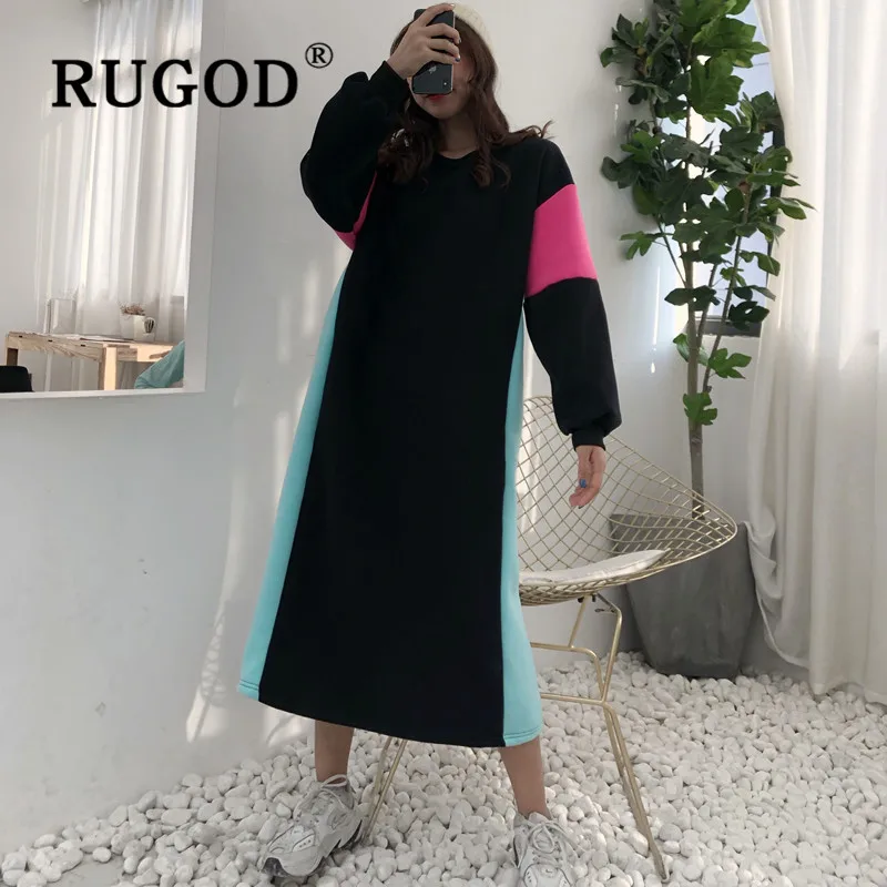 RUGOD однотонное лоскутное платье свитер зимнее женское с круглым вырезом