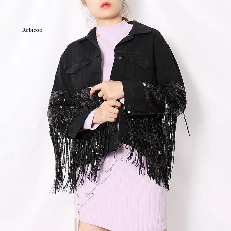 

New Heavy Industry Tassel Sequin Single-Breasted Fashion Denim Jacket