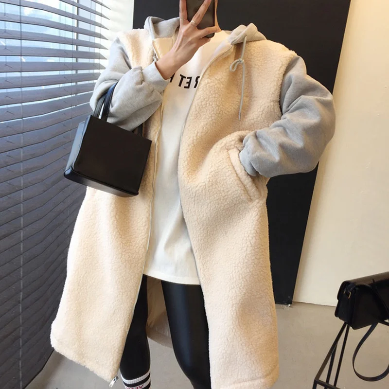 

Korean Chic Minority Lazy Wind Hooded Splicing Fake Two Loose Medium Length Thickened Lamb Wool Cotton Jacket