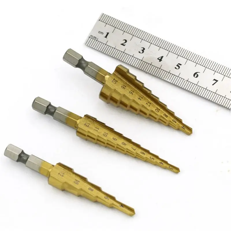 

T21D 3pcs/set 3-12mm 4-12mm 4-20mm Step Cone Drill Bit Hexagonal Shank High Speed Steel Hole Cutter