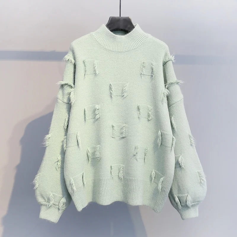 

#6347 Green White Pink Knitted Sweater Women Tassels Thick Warm Casual Cotton Sweater Female Long Sleeved Korean Style Fashion