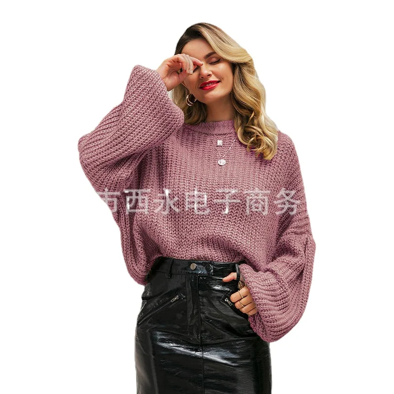 

Nice Pop style solid color round neck sweater women casual simple wild lazy loose sweater