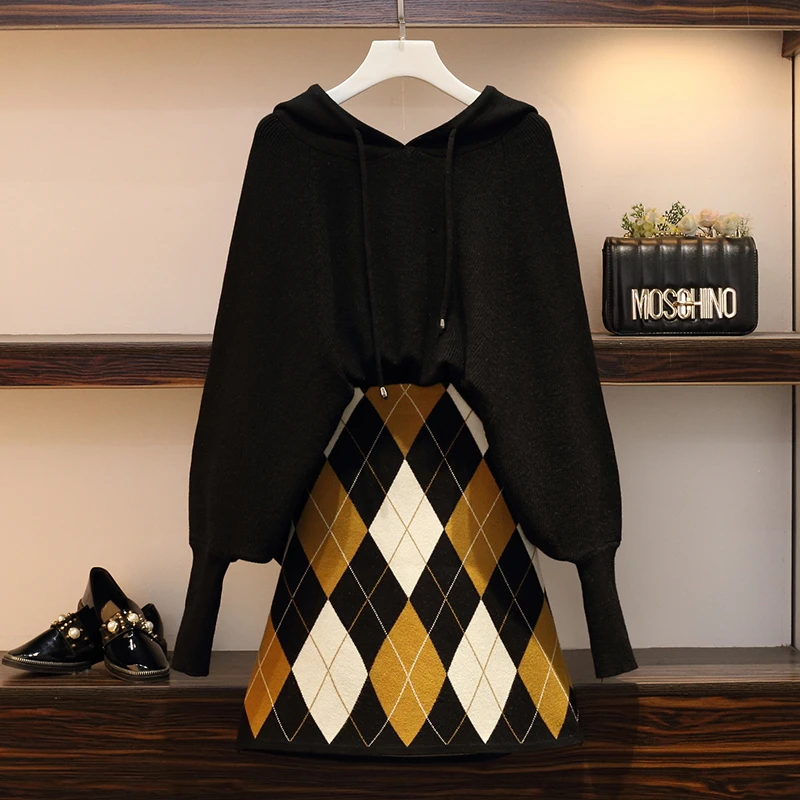 Женский трикотажный свитер с длинным рукавом и юбка в клетку|Спортивные костюмы|