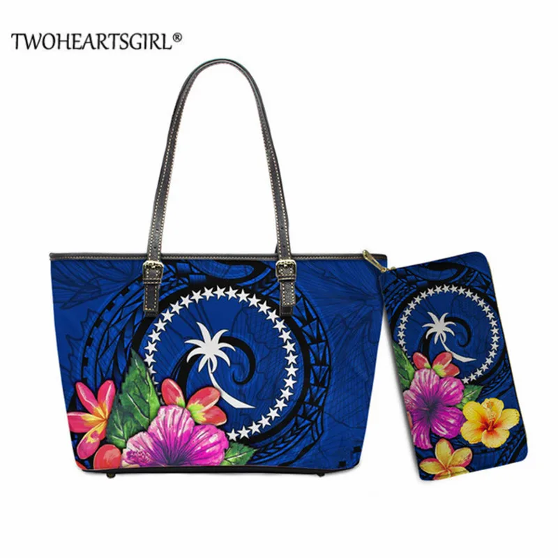 

Chuuk Polynesian Shoulder Bag PU Leather Blue Handbags Hibiscus 3D Print for Women 2pcs/set Big Beach Totes Wallet sac a main