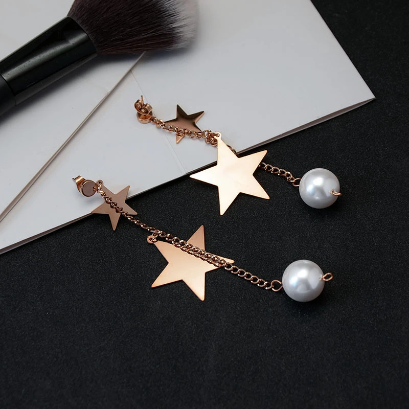 

Fashion Jewelry Romantic Double Five-Pointed Star Stud Earrings For Women Luxury Designs Stainless Steel Eardrop With Pearl