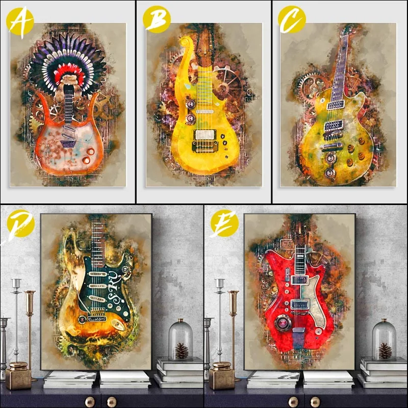 

Abstract Electric Guitar Art Posters and Prints Steampunk Musical Instruments Canvas Painting Home Decoration Music Classroom