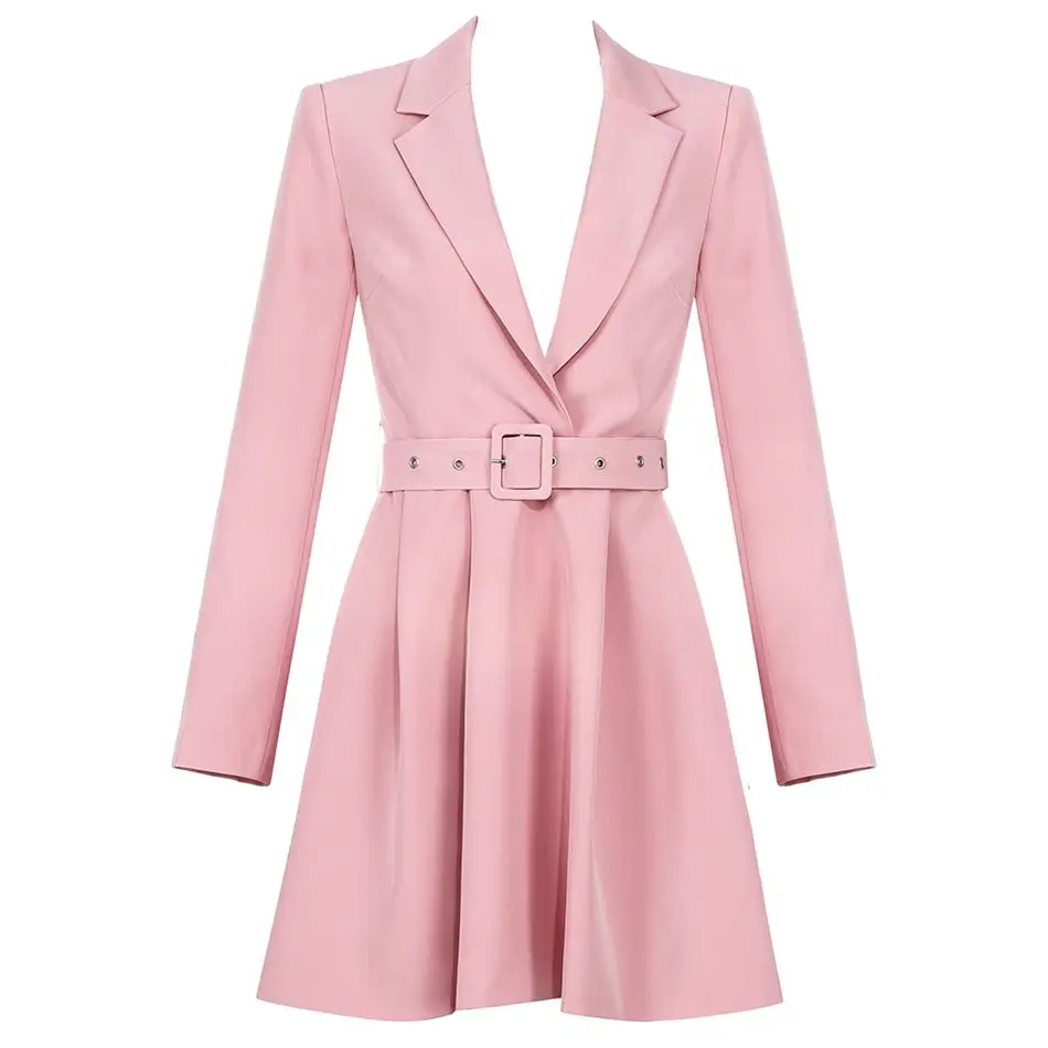 Женское платье с поясом и глубоким V образным вырезом розовое ТРАПЕЦИЕВИДНОЕ