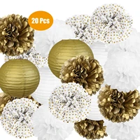 20 pcs 12%e2%80%9c white gold polka dot tissue paper ball pom poms paper lantern lampion for wedding babyshower party hanging decoration