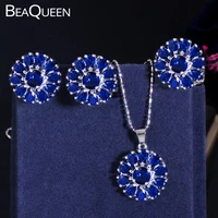 beaqueen african women cubic zircon jewelry accessoriess big sun flower cz ink blue crystal necklace earrings and ring set js035