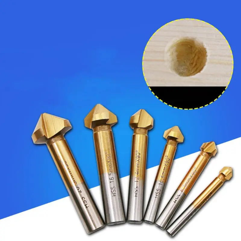 

6Pcs 3 Flute Countersink Drill Bit Set 90 Degrees Steel Point Angle Chamfer Cutting Woodworking Tool 20.5/16.5/12.4/10.4/8.3/6.