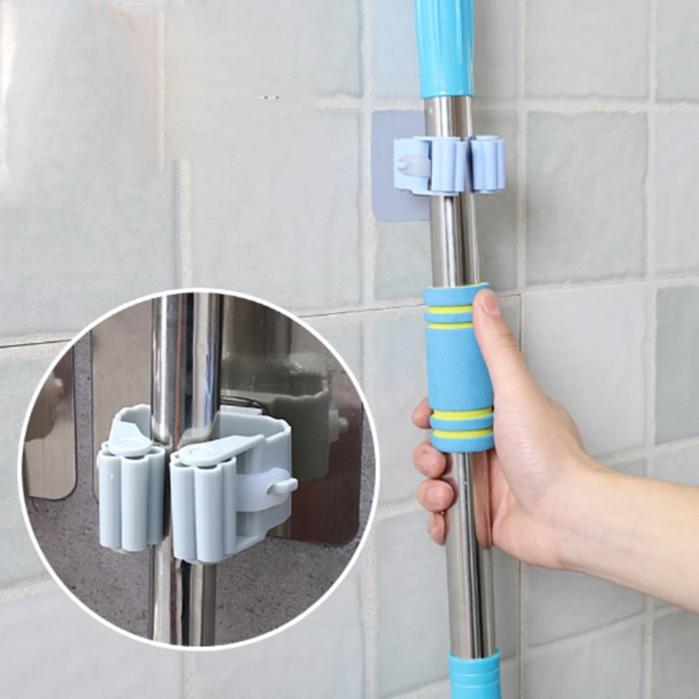 

4PCS Bathroom Wall Mounted Mop Organizer Holder Brush Storage Rack Kitchen Clip Seamless Mop Hook Clip Card Holder Durable