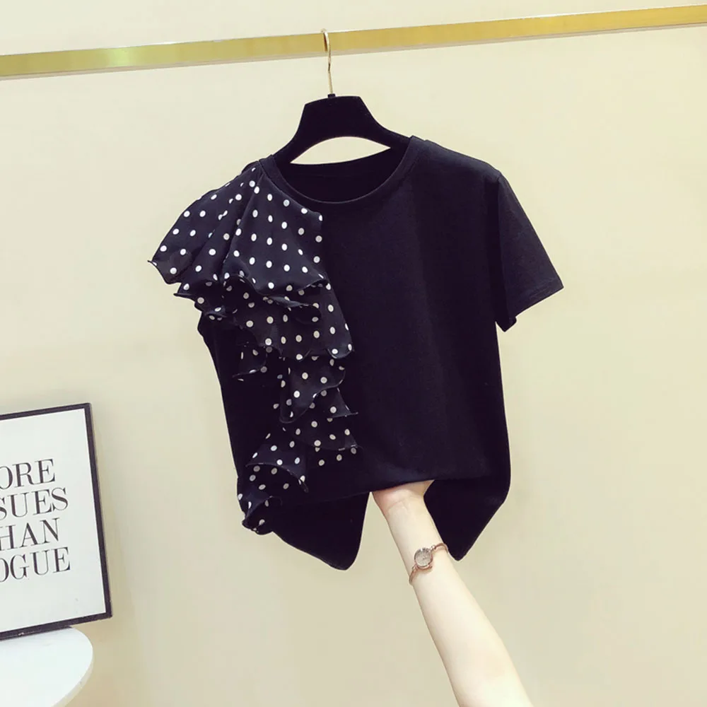 

Polka Dot Ruffles T-shirt Women 2022 Summer Short-sleeved Patchwork Korean Sweet Casual Loose Round Neck Female Tops T Shirts