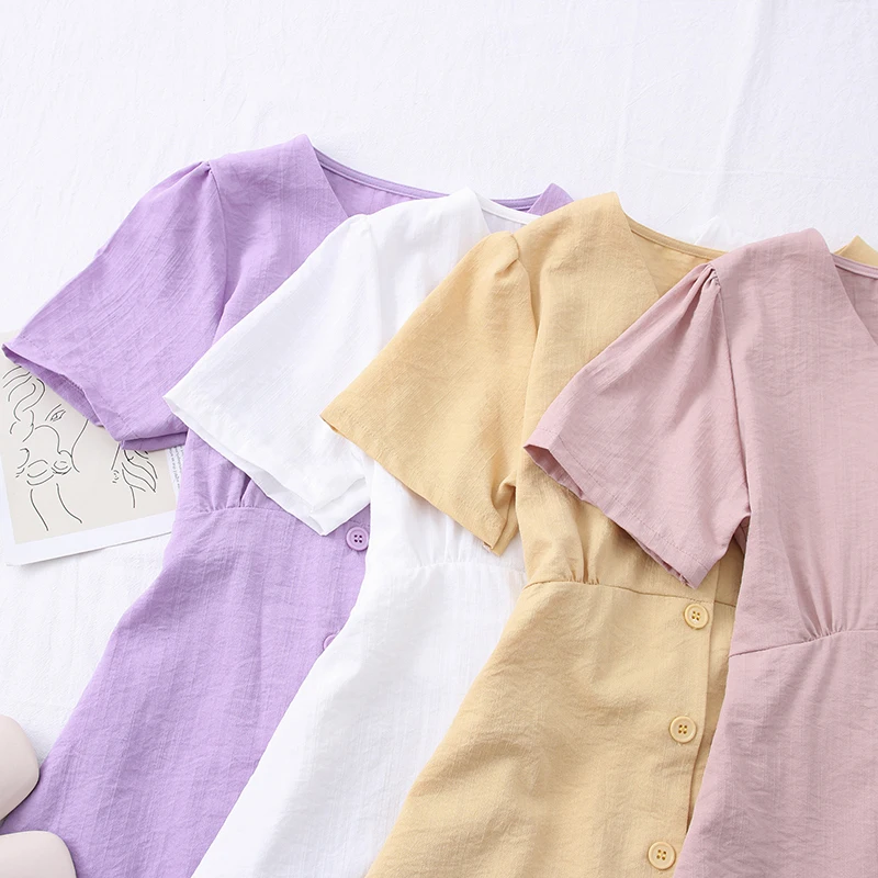 

2021 Summer New Fashion Versatile V-neck Single Breasted Waist Strap Short Sleeve Dress