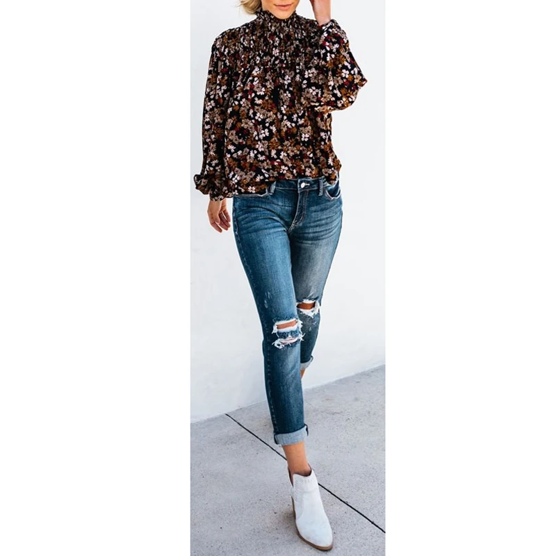 

Women Floral Print Blouse 2020 Autumn Turtleneck Long Sleeve Polka Dot Shirt M1204