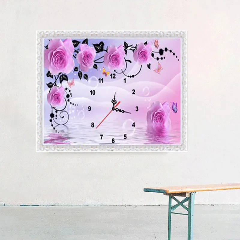 

20215D Full Diamond Point Paste Diamond Cross Stitch Living Room Bedroom Simple Embroidery Small Diamond Painting Rose Clock