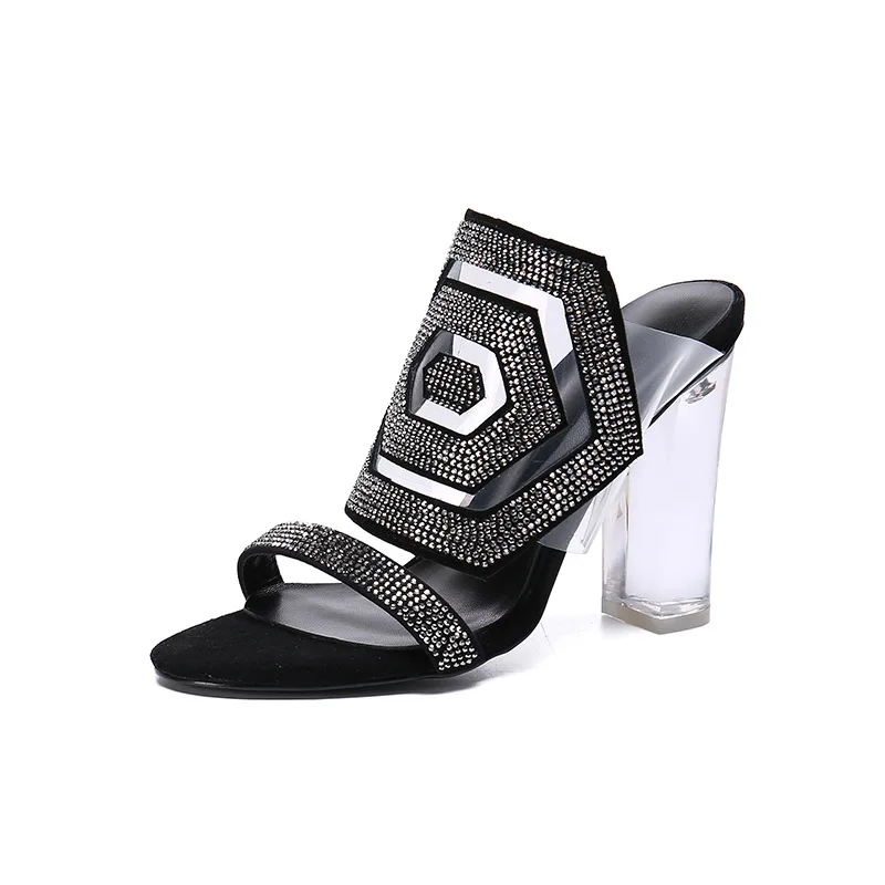 

New fashion single shoes, pointed and color transparent thick high heeled sandals, personalized diamond women's shoes