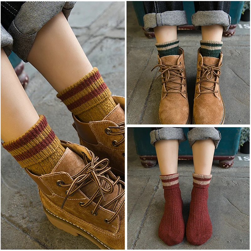 

1Pair Women Striped Socks Thick Knitted Socks Meias Femininas Ladies Winter Warm Sock Chaussette Female 3D Art Socks Calcetines