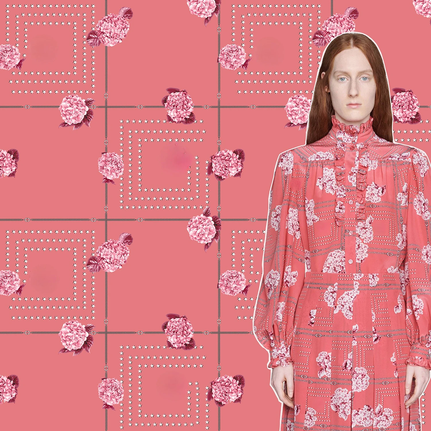 

Polyester dress fabric custom star and flower pattern printed fabric handmade diy sewing spring and summer shirt apparel fabric