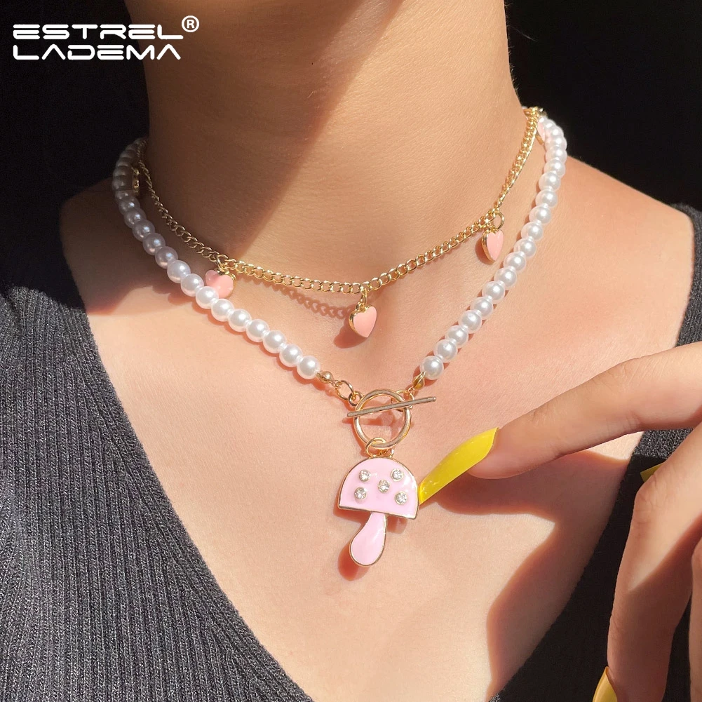 

Trendy OT Buckle Crystal Mushroom Pearl Beaded Necklace For Women Multi-layer Pink Heart Chain Choker Necklaces Y2k Jewelry Gift