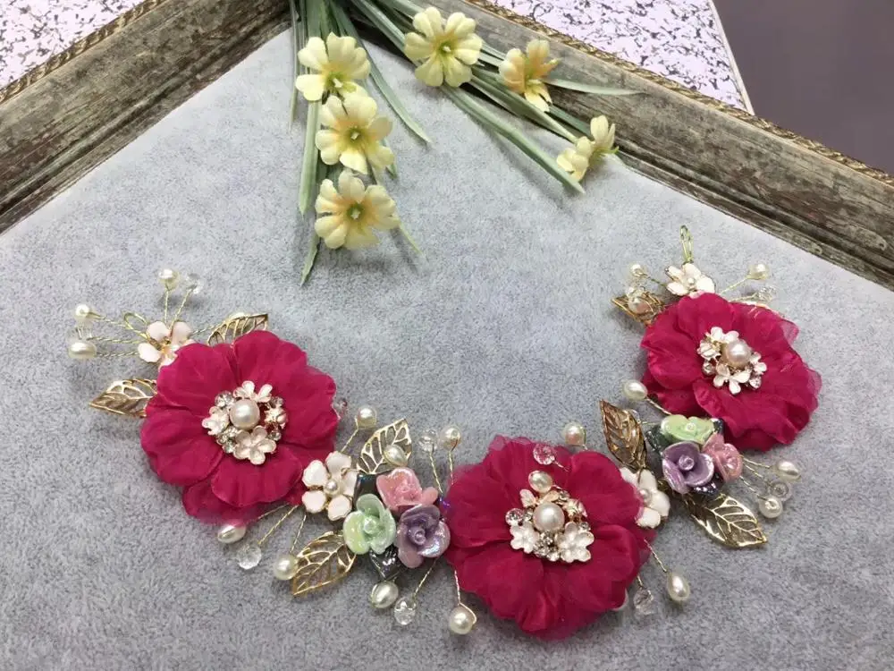 

Ярко-розовый цветочный 3D головной убор для невесты выпускного вечера, украшение для волос, аксессуары ручной работы, прозрачные Кристальны...