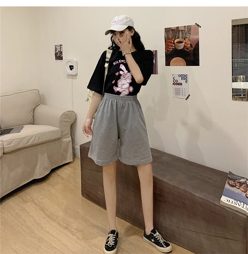 

fashion casual regular loose Big size straight solid elasticity jogger shorts Korean pure cotton gray black women shorts female
