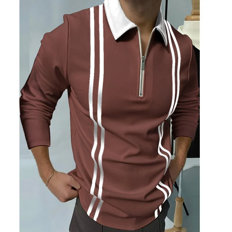 

Polo Shirt Men Man Clothes Zipper Casual Long Sleeve Turn-down Collar Design Tops Streetwear Patchwork Striped Men Polo Shirts