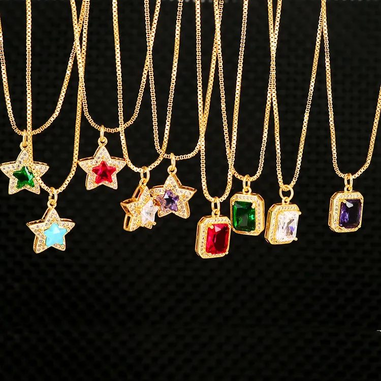 

10Pcs, Dainty Bling Jewelry Gold Plated Big Zircon CZ Diamond Star Rectangle Pendant Chain Statement Necklace