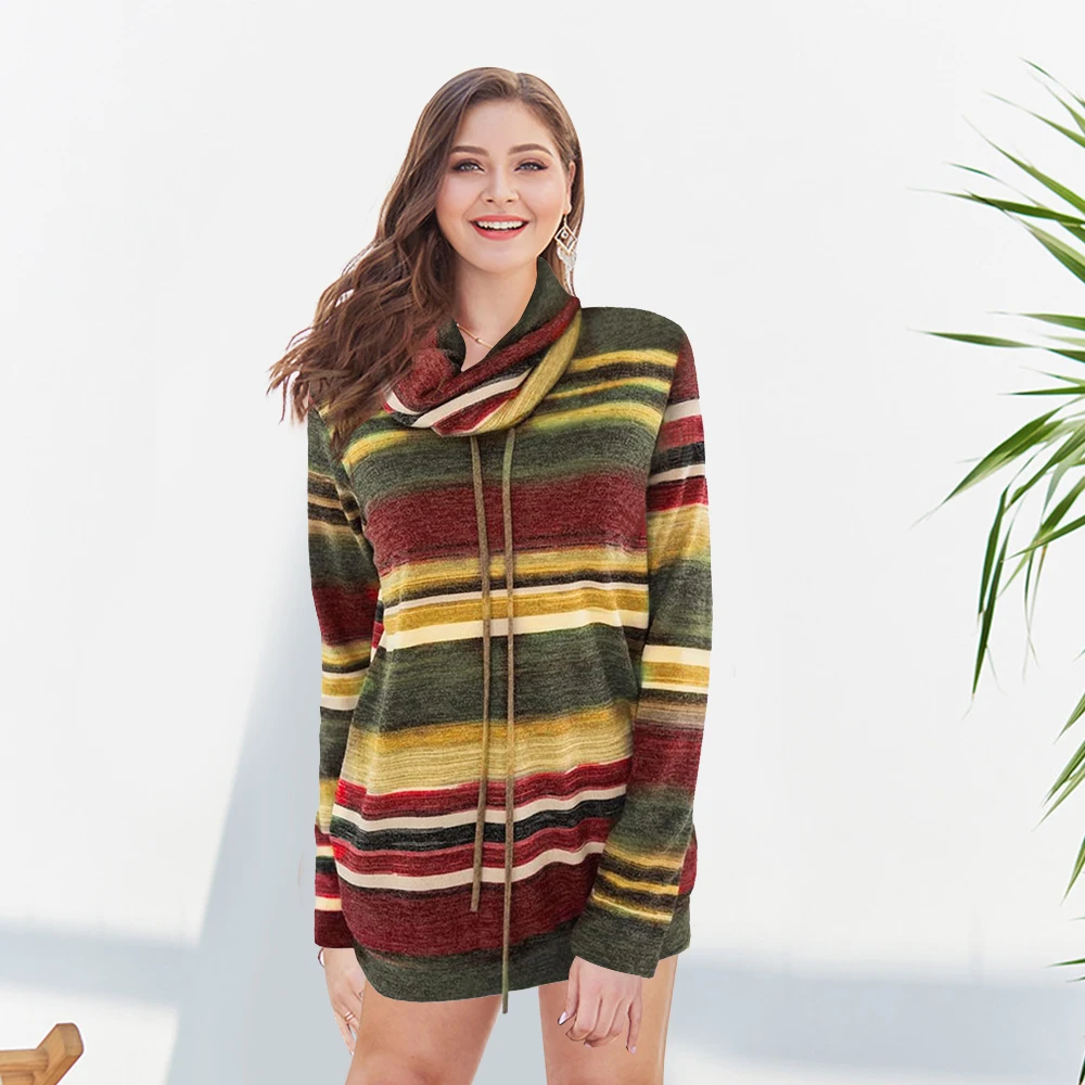 Wipalo Drawstring Collar Striped Women Sweater Knitwear Casual Cowl Neck Long Sleeve Pullover Sweaters Ladies Tops Fall Jumpers | Женская